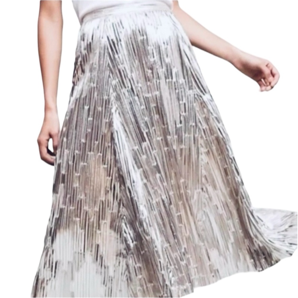 Anthropologie Silver Pleated Midi Skirt